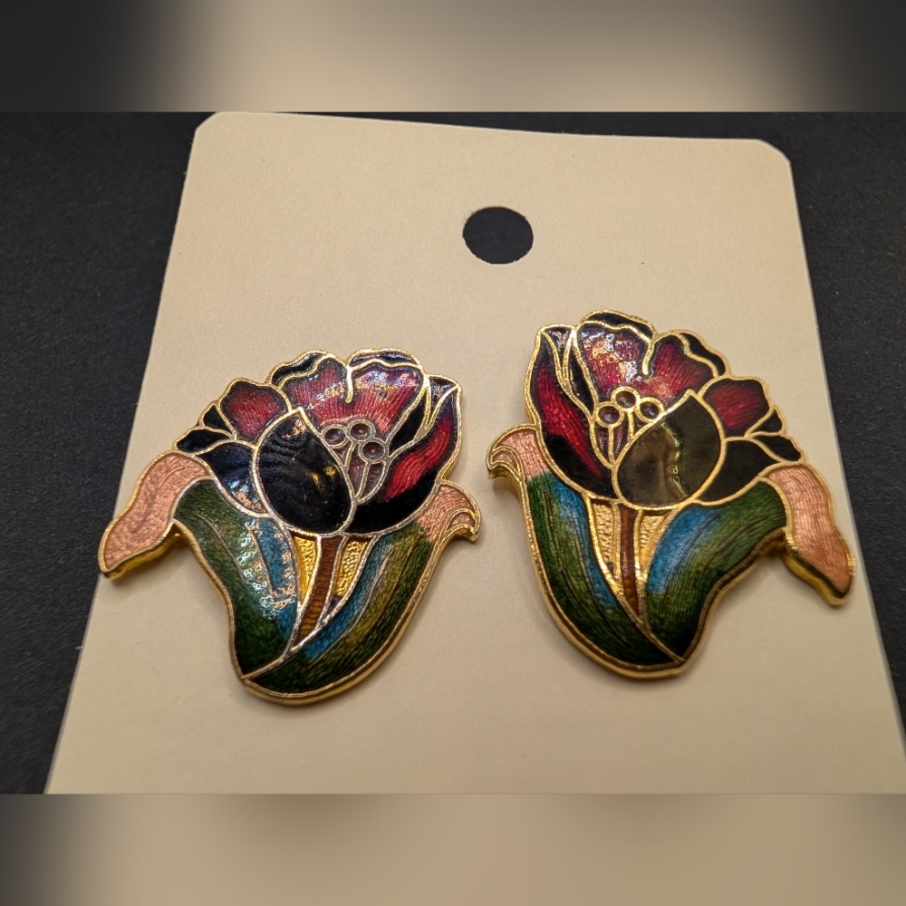 Vintage Floral Enamel Earrings - Gold, Black, Red, Green